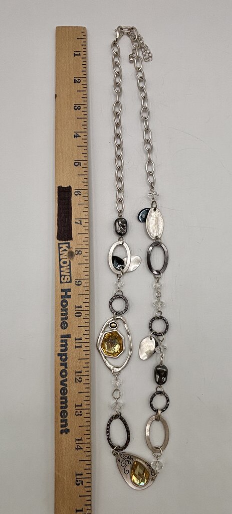 Statement Necklace & Earrings Set Silver-toned with Faceted Yellow Details /j