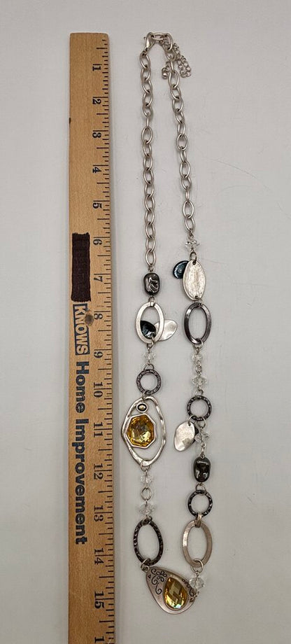 Statement Necklace & Earrings Set Silver-toned with Faceted Yellow Details /j
