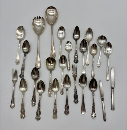 Mismatched Lot of 22 Vtg. Silver-plate Spoons, Forks & Knives /j