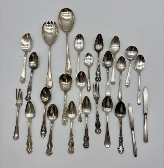 Mismatched Lot of 22 Vtg. Silver-plate Spoons, Forks & Knives /j