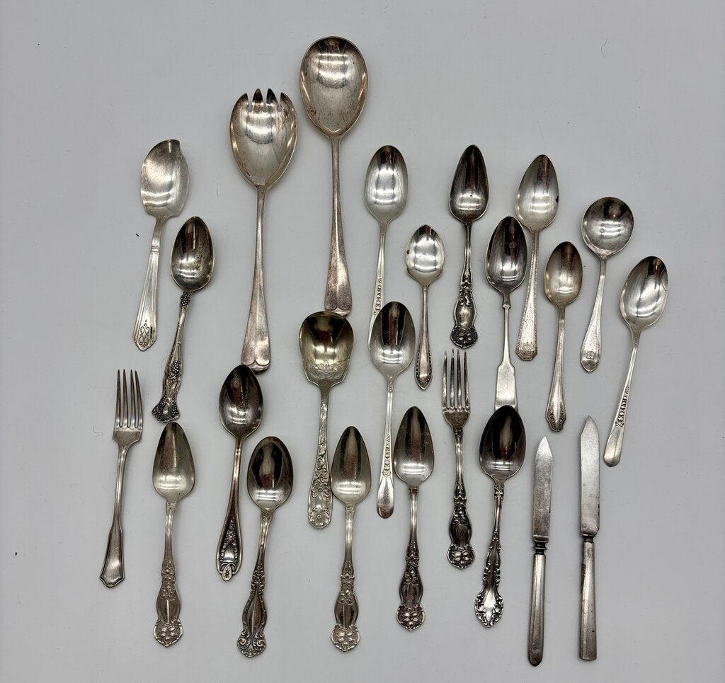 Mismatched Lot of 22 Vtg. Silver-plate Spoons, Forks & Knives /j