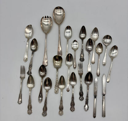 Mismatched Lot of 22 Vtg. Silver-plate Spoons, Forks & Knives /j