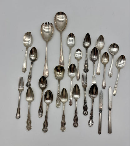 Mismatched Lot of 22 Vtg. Silver-plate Spoons, Forks & Knives /j