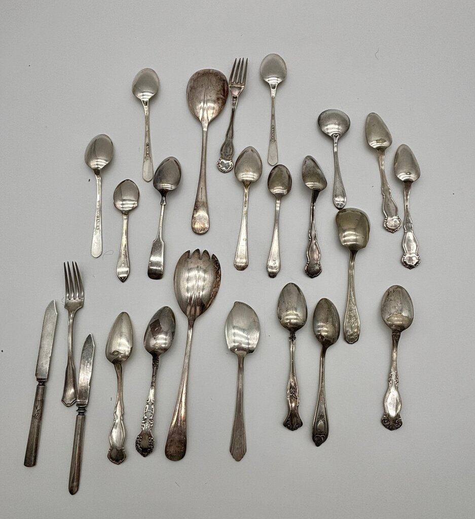 Mismatched Lot of 22 Vtg. Silver-plate Spoons, Forks & Knives /j
