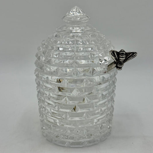 Vintage Godinger Crystal Bee Hive Honey Jar w/Silverplate Honey Bee Drizzler 5 Inches /cb