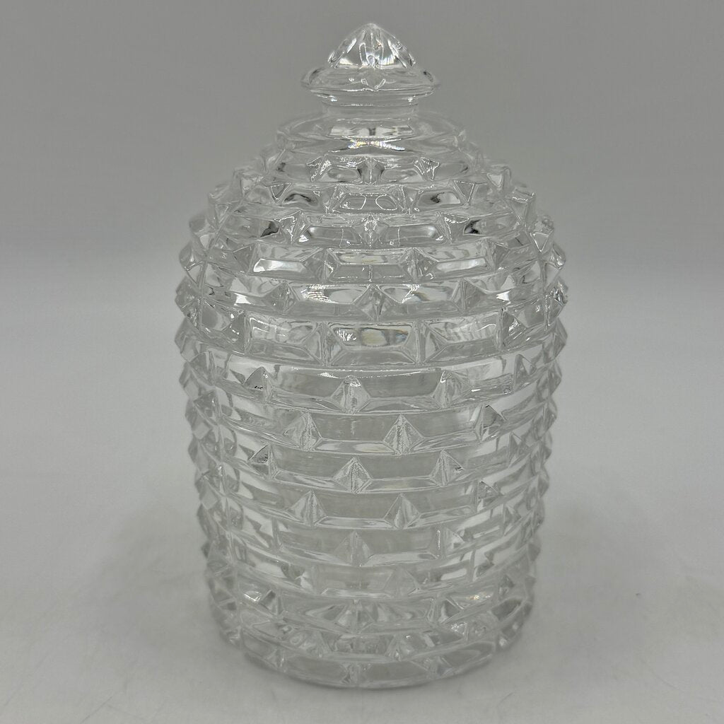 Vintage Godinger Crystal Bee Hive Honey Jar w/Silverplate Honey Bee Drizzler 5 Inches /cb