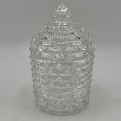 Vintage Godinger Crystal Bee Hive Honey Jar w/Silverplate Honey Bee Drizzler 5 Inches /cb