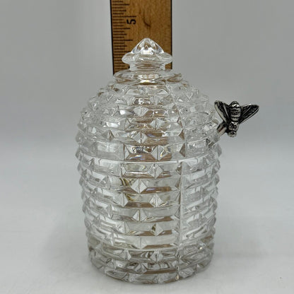 Vintage Godinger Crystal Bee Hive Honey Jar w/Silverplate Honey Bee Drizzler 5 Inches /cb