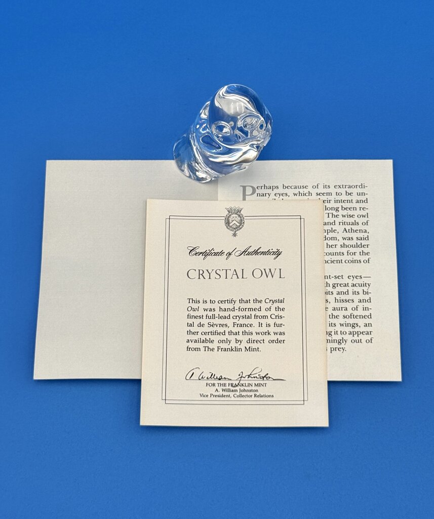 VTG Cristal De Sevres Crystal Owl w/ Certificate By Franklin Mint