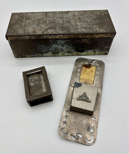 Vtg. Tin Box and 2 Vtg. Tin Match Safes /j