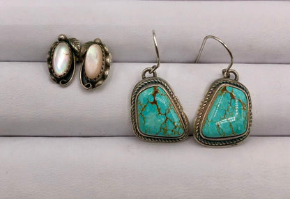 2 Pair Native American Made Sterling Silver & Turquoise Earrings /b