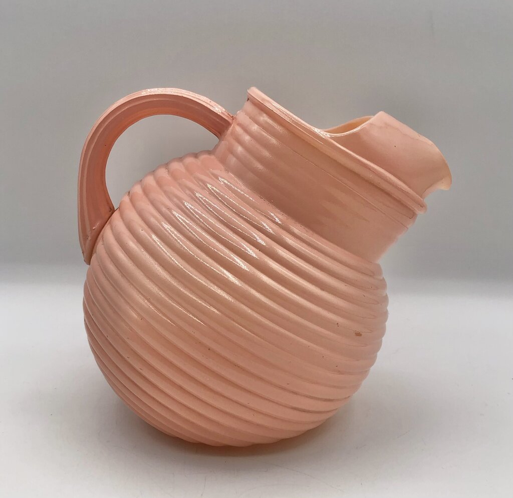 Mid Century Anchor Hocking Pink Ribbed Glass Ball Pitcher /b
