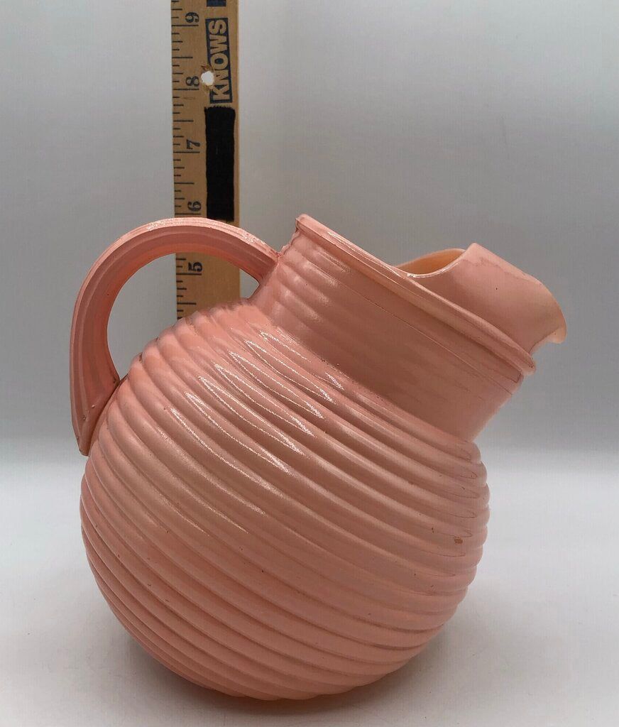 Mid Century Anchor Hocking Pink Ribbed Glass Ball Pitcher /b