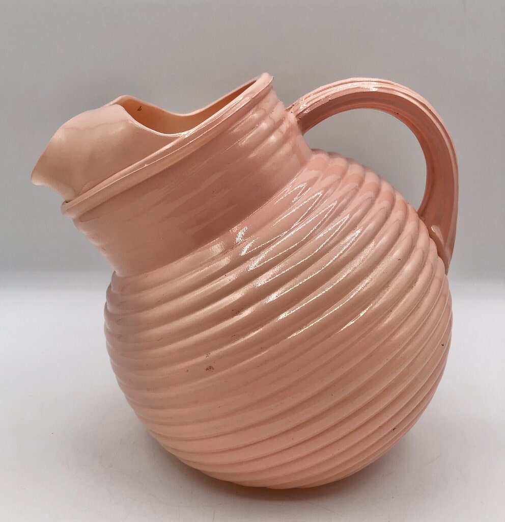 Mid Century Anchor Hocking Pink Ribbed Glass Ball Pitcher /b
