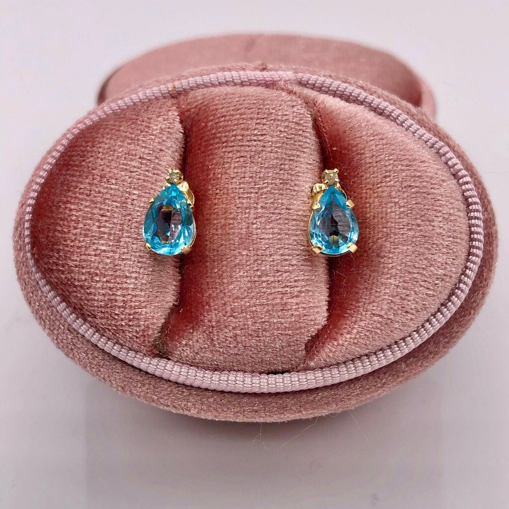 14K Yellow Gold Swiss Blue Topaz & Diamond Stud Earrings /b