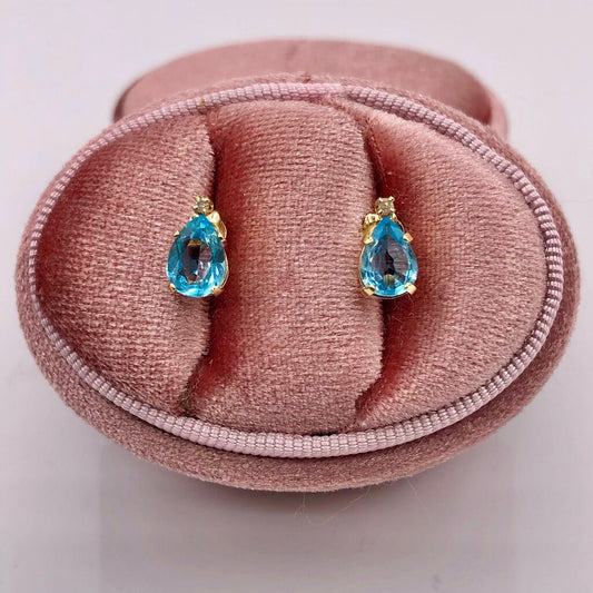 14K Yellow Gold Swiss Blue Topaz & Diamond Stud Earrings /b