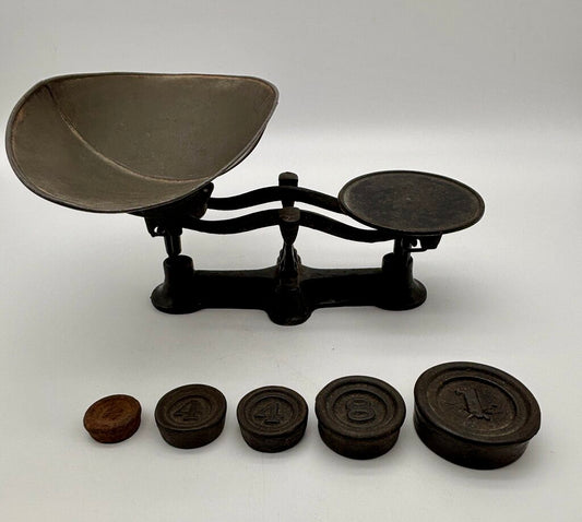 Antique Cast Iron Countertop Balance Scale & Weights /j