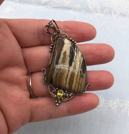 Artisan Made Polished Pertrified Wood & Sterling Silver Pendant /b