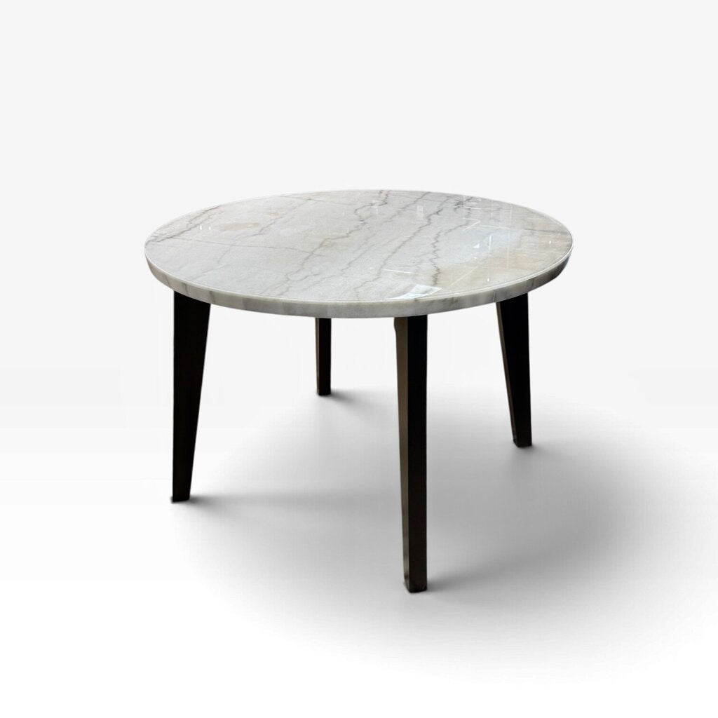 Round White Marble Dining Table with 4 Gray Upholstered Chairs