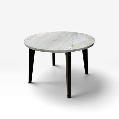 Round White Marble Dining Table with 4 Gray Upholstered Chairs