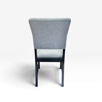 Round White Marble Dining Table with 4 Gray Upholstered Chairs
