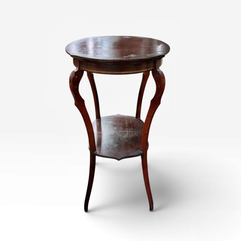 Tall Antique Oval Shaped Dark Wood Abalone Inlay Table