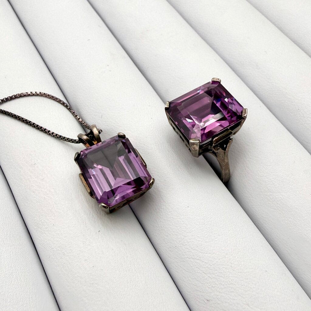 Sterling Silver Box Chain with Large Emerald Cut Amethyst Pendant and Matching Ring