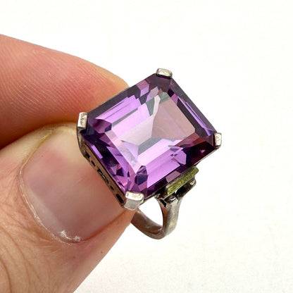 Sterling Silver Box Chain with Large Emerald Cut Amethyst Pendant and Matching Ring