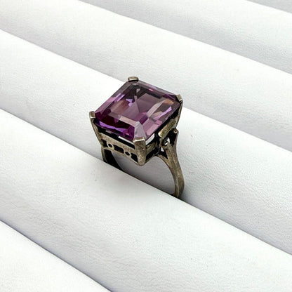Sterling Silver Box Chain with Large Emerald Cut Amethyst Pendant and Matching Ring