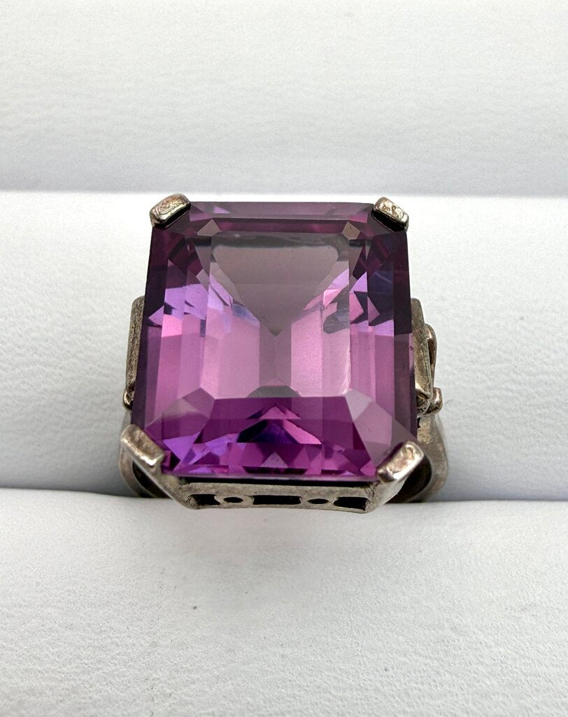 Sterling Silver Box Chain with Large Emerald Cut Amethyst Pendant and Matching Ring