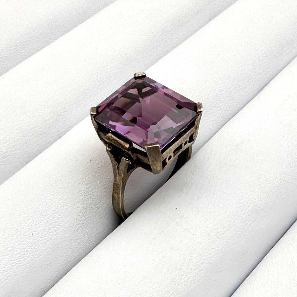 Sterling Silver Box Chain with Large Emerald Cut Amethyst Pendant and Matching Ring