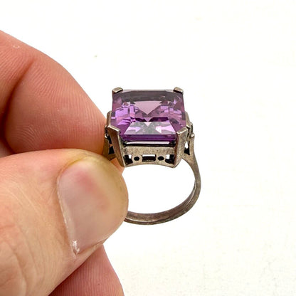 Sterling Silver Box Chain with Large Emerald Cut Amethyst Pendant and Matching Ring