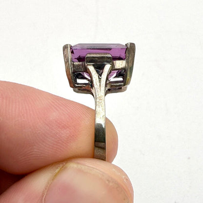 Sterling Silver Box Chain with Large Emerald Cut Amethyst Pendant and Matching Ring