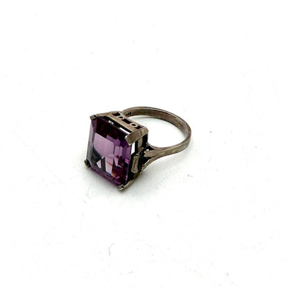 Sterling Silver Box Chain with Large Emerald Cut Amethyst Pendant and Matching Ring