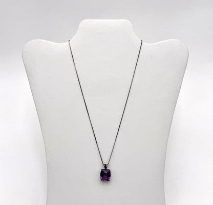 Sterling Silver Box Chain with Large Emerald Cut Amethyst Pendant and Matching Ring
