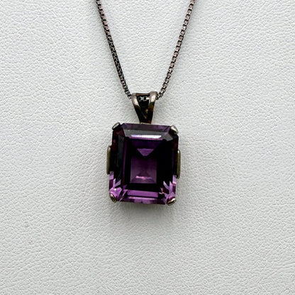 Sterling Silver Box Chain with Large Emerald Cut Amethyst Pendant and Matching Ring