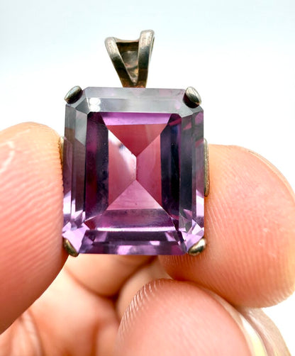 Sterling Silver Box Chain with Large Emerald Cut Amethyst Pendant and Matching Ring