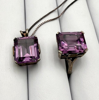 Sterling Silver Box Chain with Large Emerald Cut Amethyst Pendant and Matching Ring