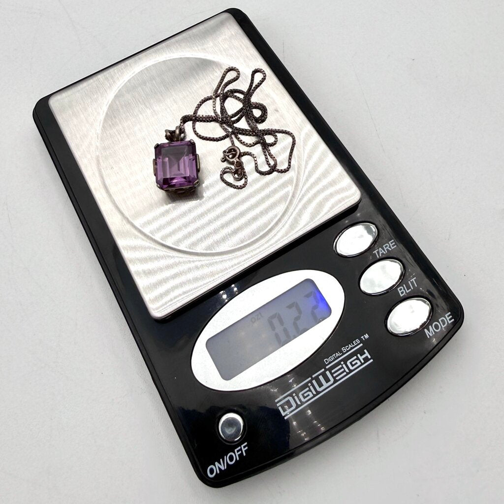 Sterling Silver Box Chain with Large Emerald Cut Amethyst Pendant and Matching Ring