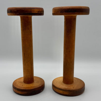 Pair of Antique Wooden Industrial Textile Spools Primitive Decor 12 Inches /cb