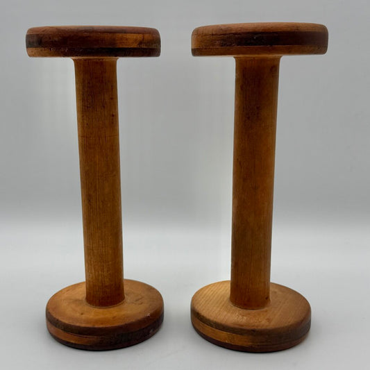 Pair of Antique Wooden Industrial Textile Spools Primitive Decor 12 Inches /cb