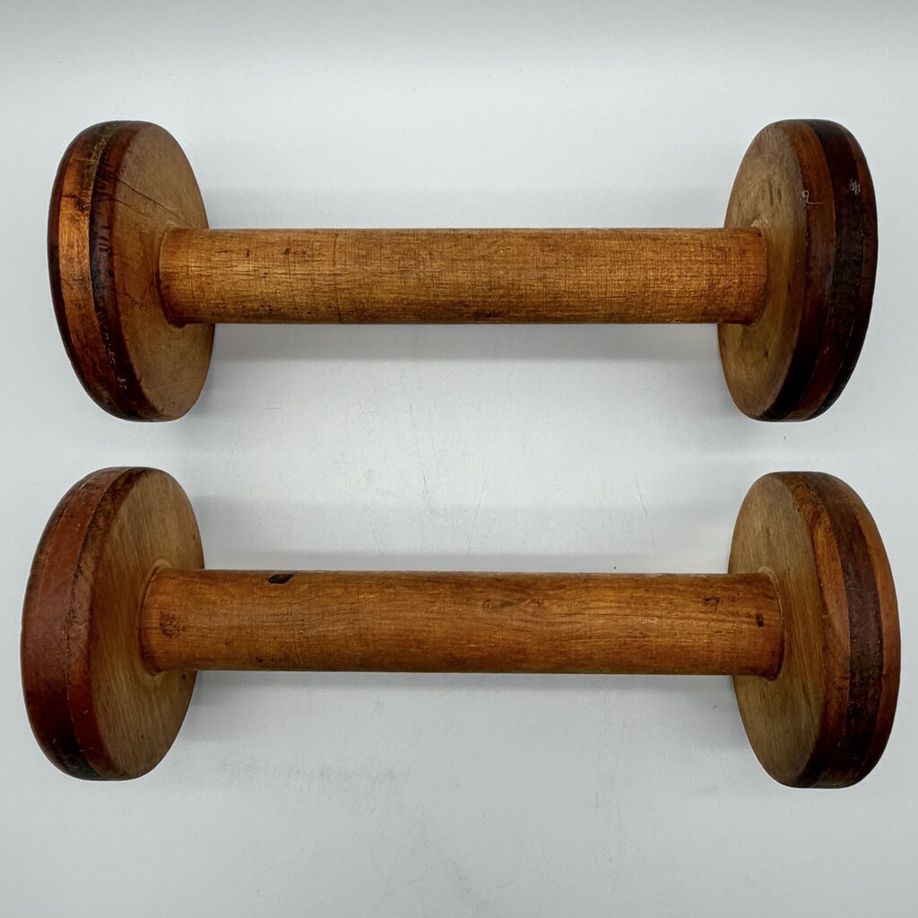Pair of Antique Wooden Industrial Textile Spools Primitive Decor 12 Inches /cb