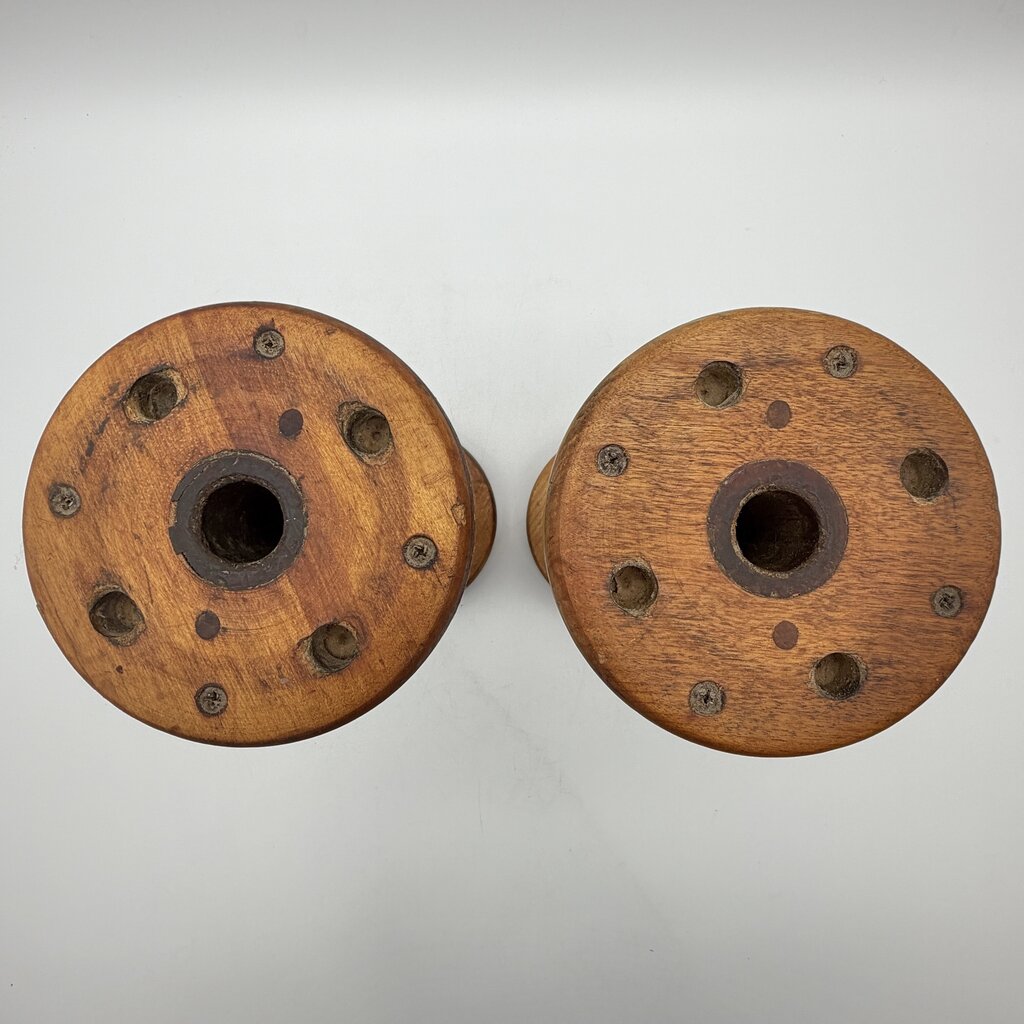Pair of Antique Wooden Industrial Textile Spools Primitive Decor 12 Inches /cb