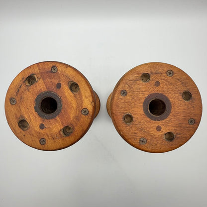 Pair of Antique Wooden Industrial Textile Spools Primitive Decor 12 Inches /cb