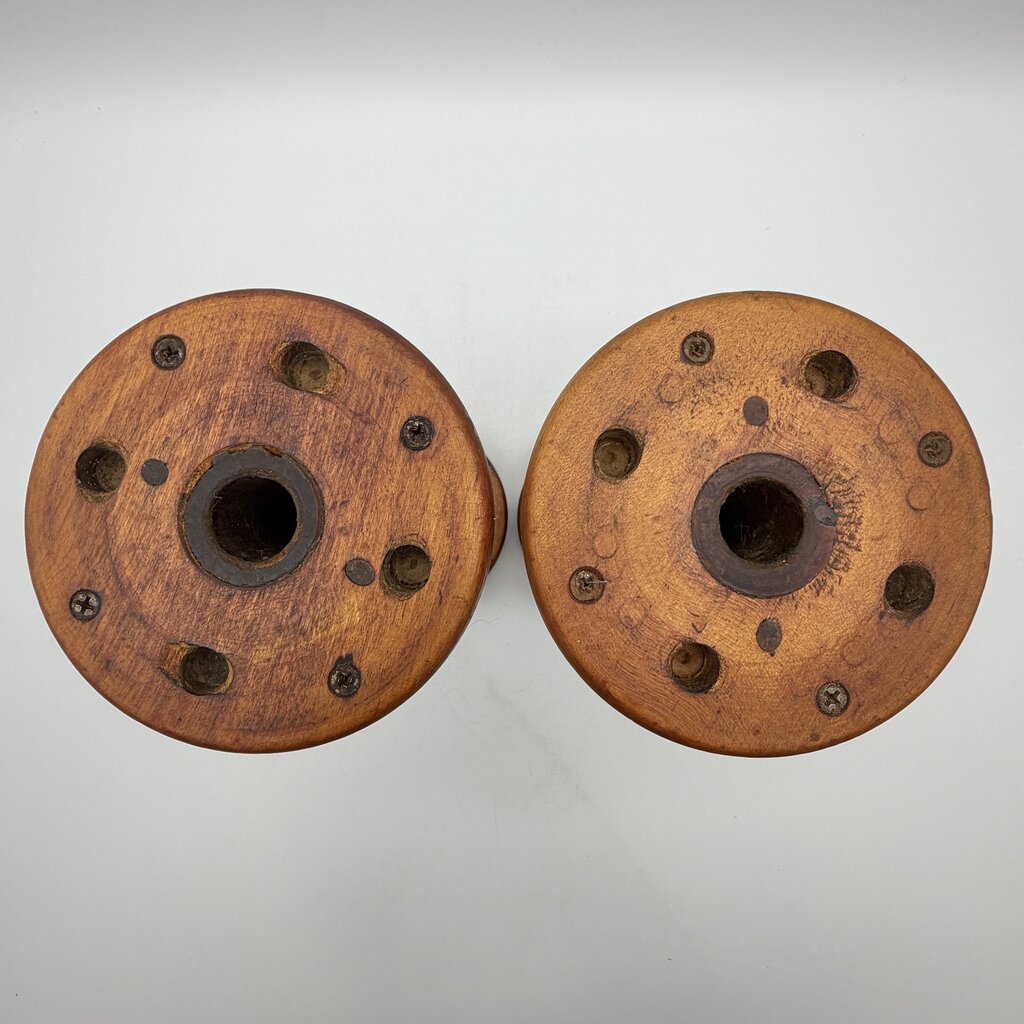Pair of Antique Wooden Industrial Textile Spools Primitive Decor 12 Inches /cb