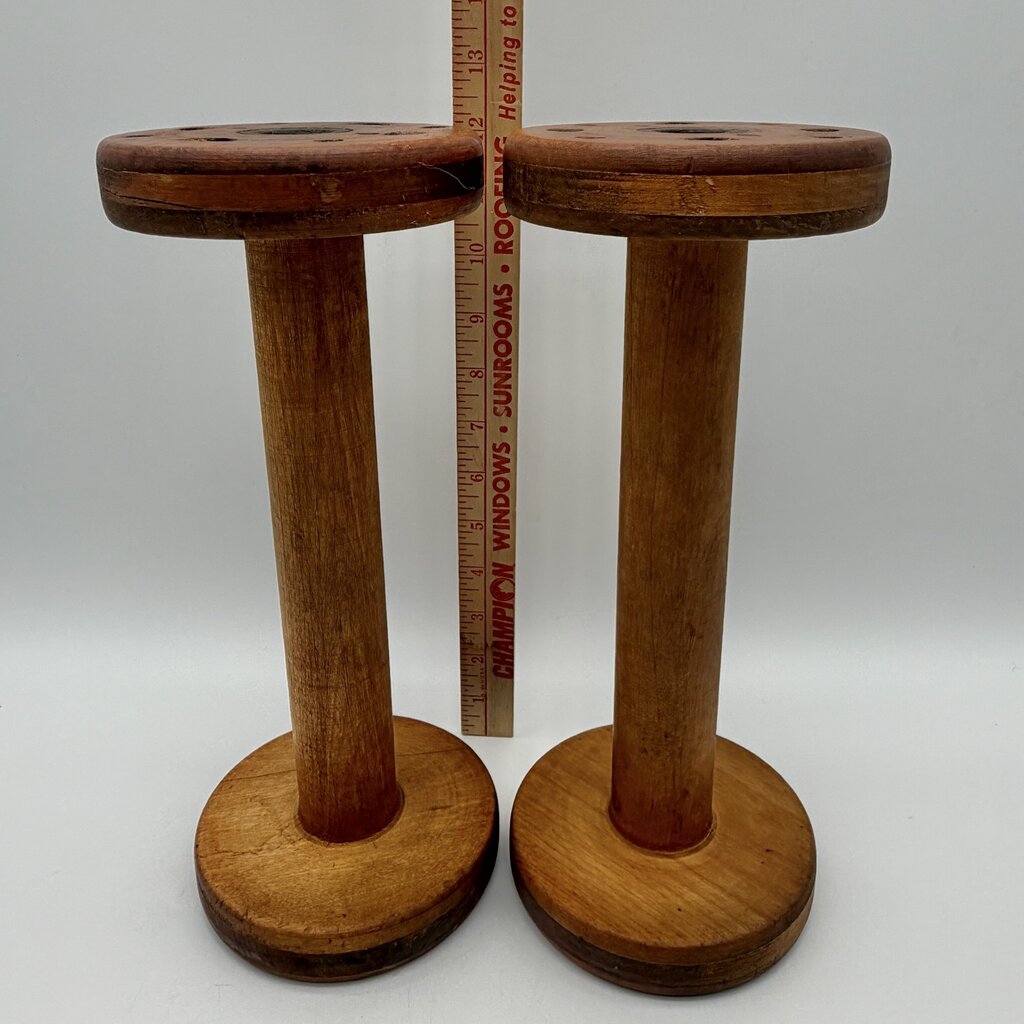 Pair of Antique Wooden Industrial Textile Spools Primitive Decor 12 Inches /cb