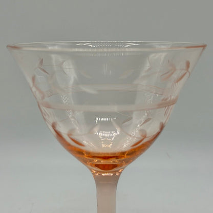 Set of 4 Vintage Pink Depression Glass Floral Etched Tall Sherbet/Champagne Glases 5” /cb