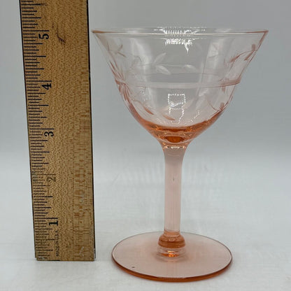 Set of 4 Vintage Pink Depression Glass Floral Etched Tall Sherbet/Champagne Glases 5” /cb