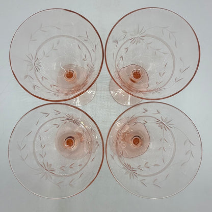 Set of 4 Vintage Pink Depression Glass Floral Etched Tall Sherbet/Champagne Glases 5” /cb