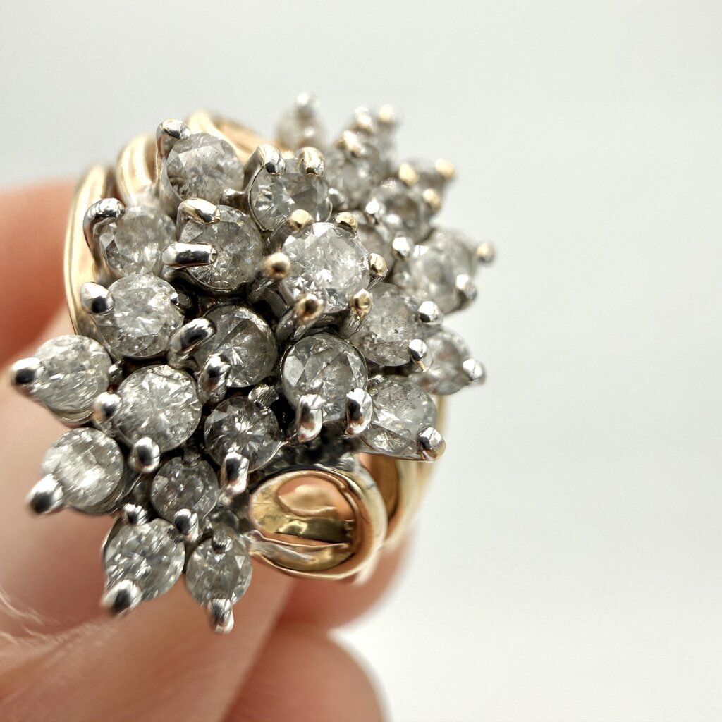 14k Yellow Gold Stepping Swirl Diamond Cluster Ring